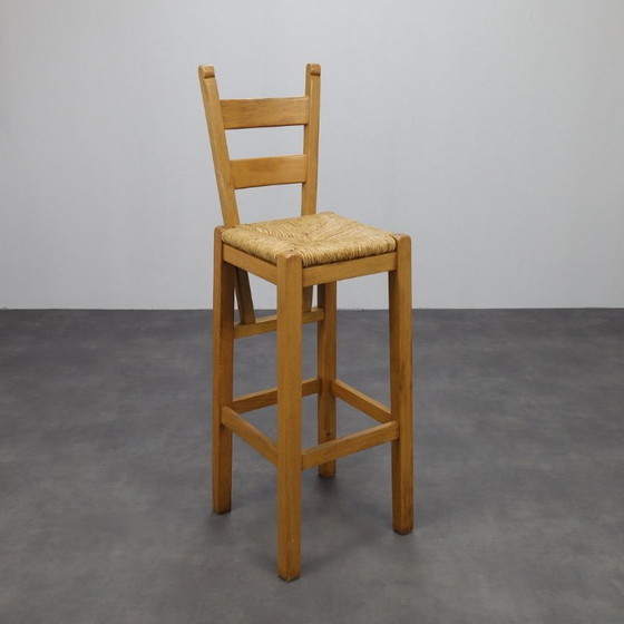 Image 1 of Set of 4 Bar Stools in Solid Oak and Rattan, 1970s