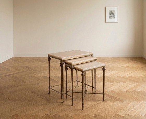 Image 1 of Rare Hollywood Regency Salon Set (1970s) – Large Coffee Table & 3 Nesting Tables – Intact Onyx