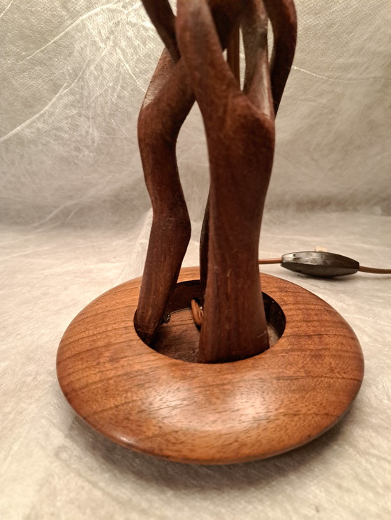 Image 1 of Mid-century hand-carved Scandinavian teak table lamp
