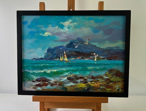 Original Oil Painting Summer Sea Landscape Seagulls over the waves