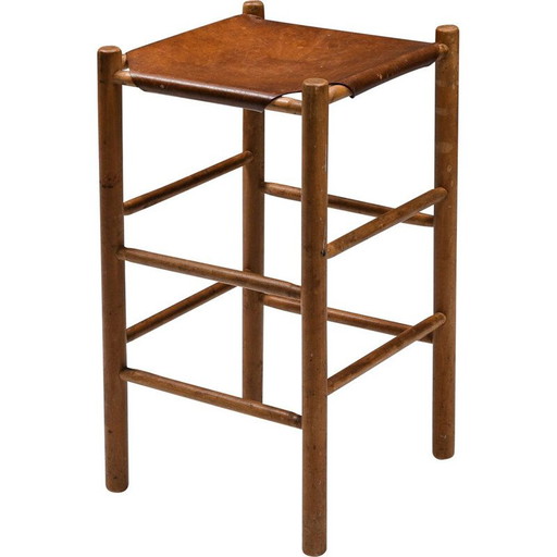 Tabouret de bar vintage en bois et cuir, France 1950s