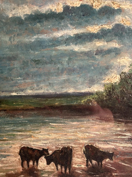 1950s Oil Painting on Board of Cows at Sunset, Paintings & Drawings (photo 9 of 10)