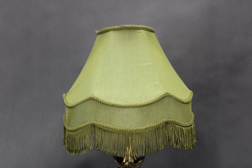 Lampe de table en marbre et laiton restaurée des années 1940 avec abat-jour en tissu