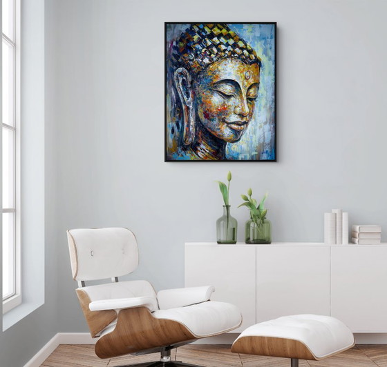 Image 1 of Unique hand-painted Buddha painting "Golden Serenity" – Seksak Jaichumchen – 80 × 100 cm
