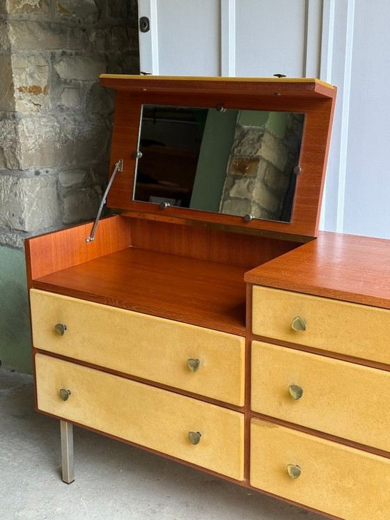 Image 1 of Enfilade commode coiffeuse Roger Landault années 50/60 suédine jaune
