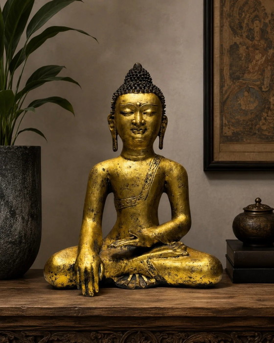 Antico Buddha Cinese in Ghisa Dorata – XVIII/XIX Secolo – Bhumisparsha Mudra – Fusione di Qualità Museale (photo 2 of 10)