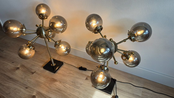 Image 1 of 2 x Amo Table Lamp 6 x LED each, dimmable. Smoked glass globes