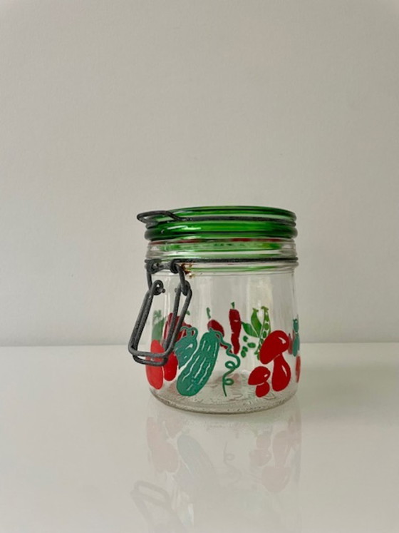 Image 1 of Bocal à conserve vintage en verre Carlton avec motif de légumes rétro