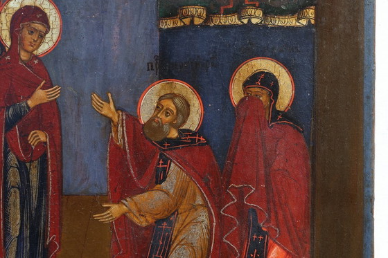 Image 1 of Icono religioso tradicional de roble del siglo XIX Un santo cura a un enfermo, 1800