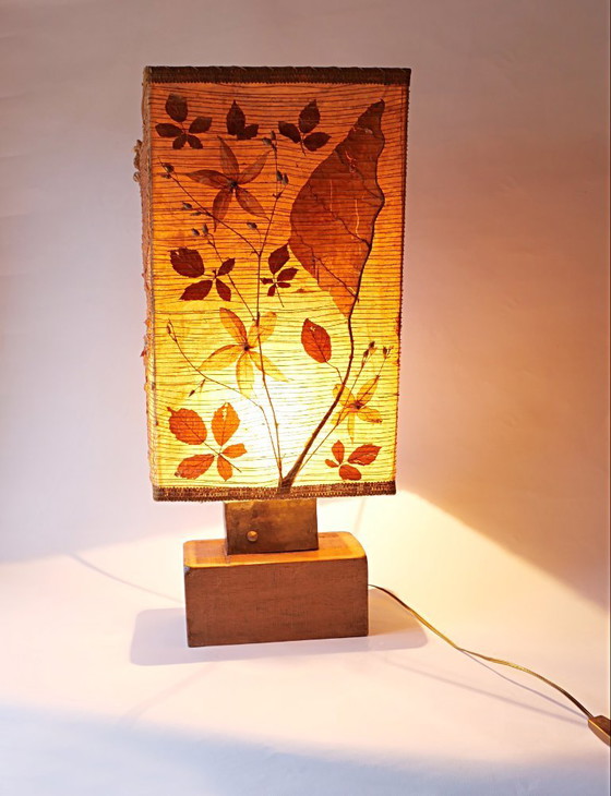 Image 1 of Grande lampe vintage années 70 design 1970 style ACCOLAY bois metal tissu