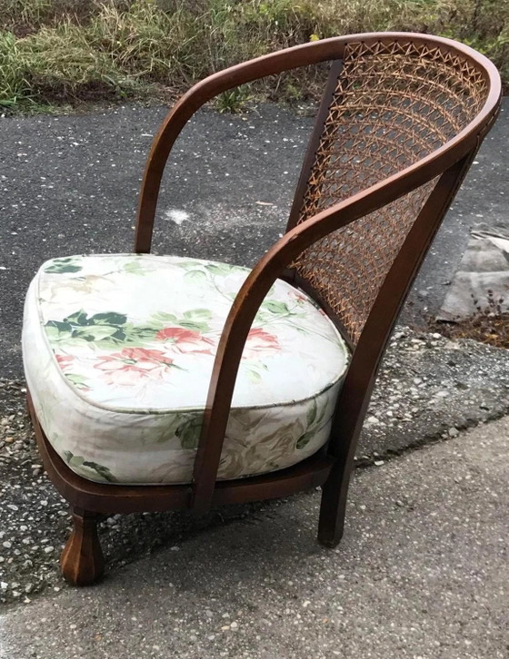 Vintage Floral Fabric and Wood Armchair, 1950s, Brown, Mid Century Modern (photo 2 of 9)