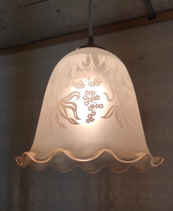 Image 1 of Bolvormige hanglamp van gezeefdrukt glas met bloemmotieven - midden 20e eeuw
