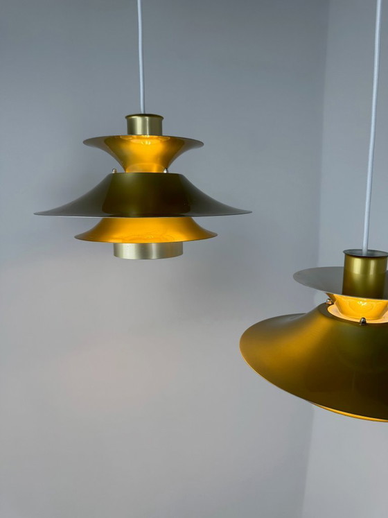 Pair of Model 4108 Pendant Lamps, Lyfa, Denmark, c. 1970s-1980s, Metal, Gold, Mid Century Modern (photo 3 of 13)