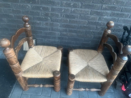 Set of 2 Brutalist chairs (Charles Dudouyt style) 1950s – krukjes, Wicker (photo 2 of 5)
