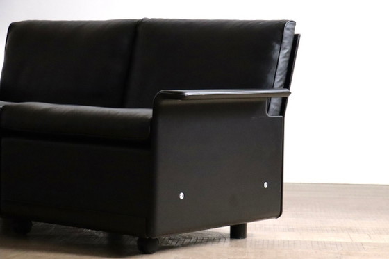 Image 1 of Dieter Rams Modell 620 Zweisitzer-Sofa aus schwarzem Leder für Vitsoe, 1980er Jahre