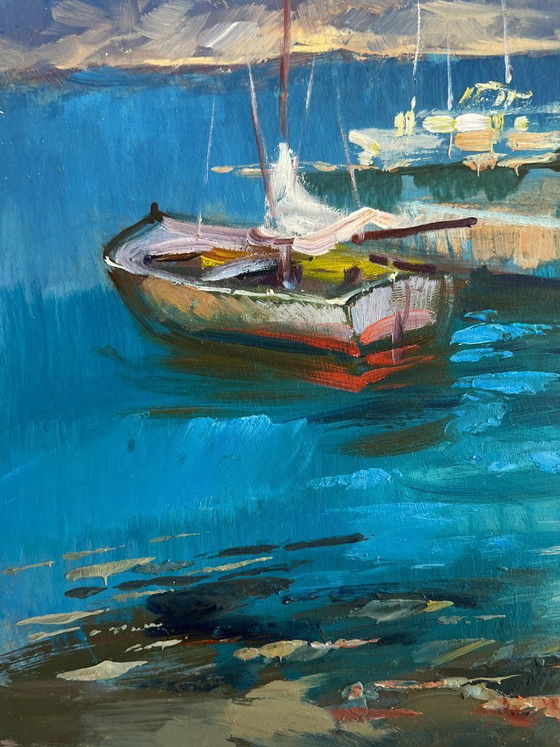 Image 1 of Original Oil Painting Coastal City Landscape Waiting for the tide