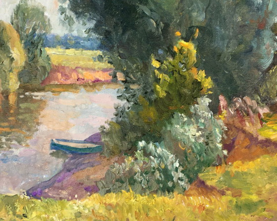 Image 1 of Originales Vintage-Ölgemälde: Ländliche Landschaft in Flussnähe