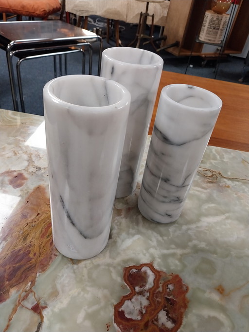 Set of 3 white marble Italian table vases 1970's 21, 22 and 23 cm high