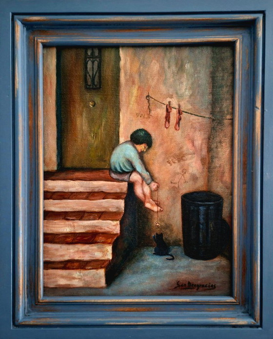 Image 1 of Cuadro Óleo sobre lienzo firmado (1970-1980) - Niño descalzo y gato negro - Decoración 
