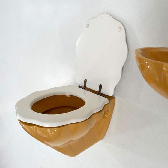 Image 1 of Ensemble de salle de bain vintage en forme de coquillage moutarde, années 1970