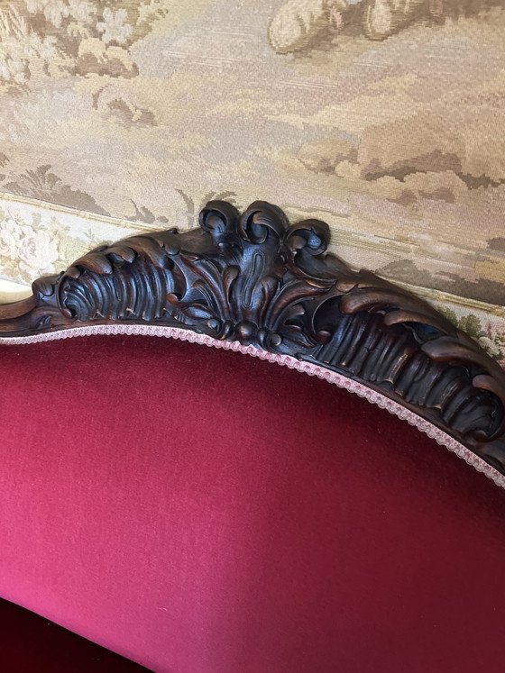 Image 1 of Antique vintage bench in wood and velvet in the style of Louis Philippe
