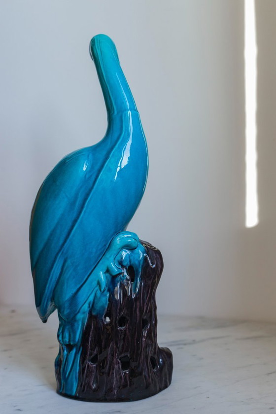 Image 1 of Squisita statuetta di gru cinese smaltata di turchese - un tesoro senza tempo