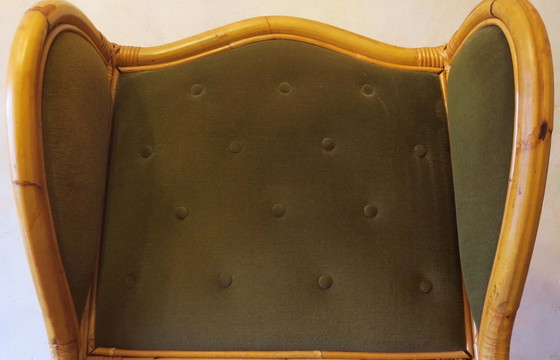 Image 1 of Sillón de orejas de mediados de siglo en bambú y verde oliva, década de 1960