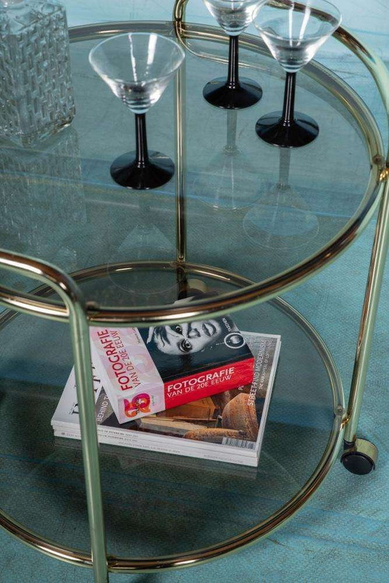 Image 1 of Vintage trolley brass & smoked glass Space age bar cart brass