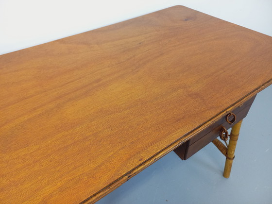 Image 1 of Vintage Louis Sognot bureau in rotan en hout uit de jaren 60