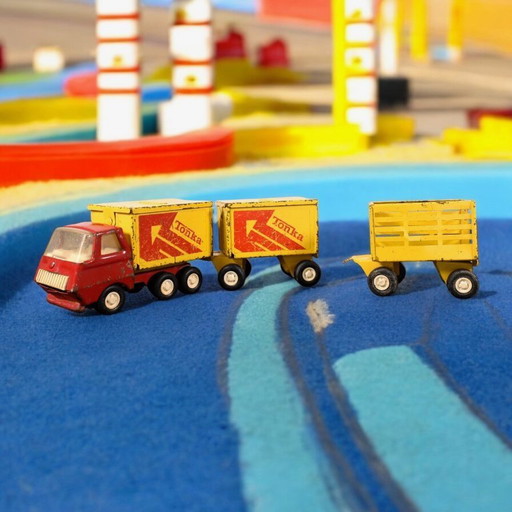 Tonka 1970s Metal Delivery Truck with Trailer and Extra Farm Trailer