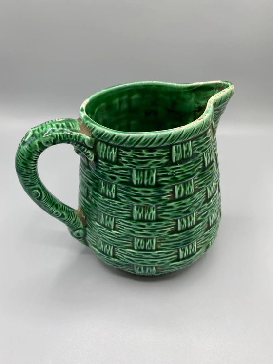 Digoin Sarreguemines Green Slipware Jug with Basketweave Pattern, Model 7308 – Crockery (photo 3 of 7)