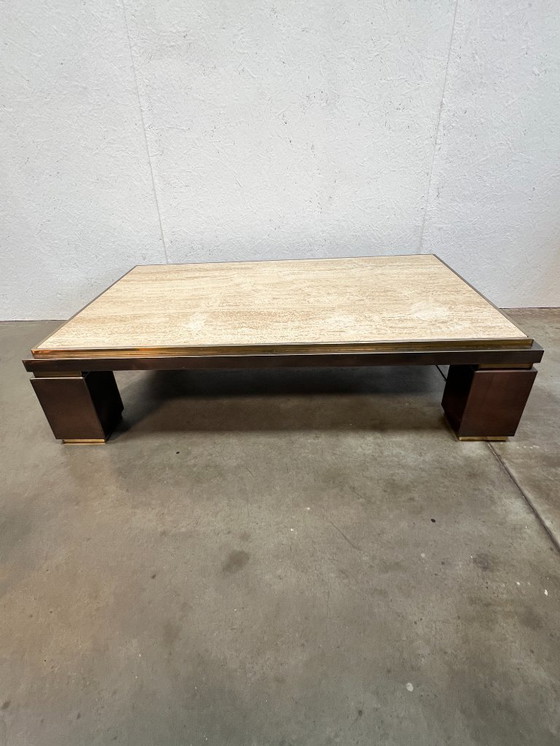 Image 1 of Grande table basse vintage, Belgochrom, Belgique, années 1970. Travertin et laiton