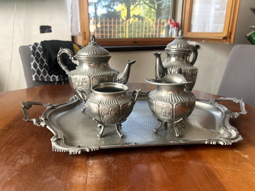 Antiek Louis XV tinnen thee- en koffieservies, jaren 1980-1990