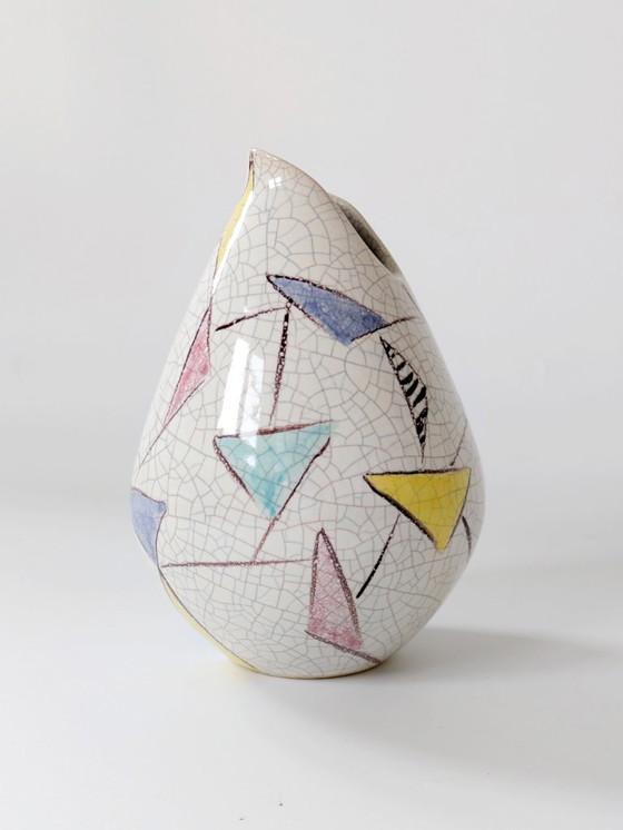 Image 1 of 1950er Silberdistel-Vase | Abstrakte geometrische Craquelé-Glasur | Westdeutsche Keramik