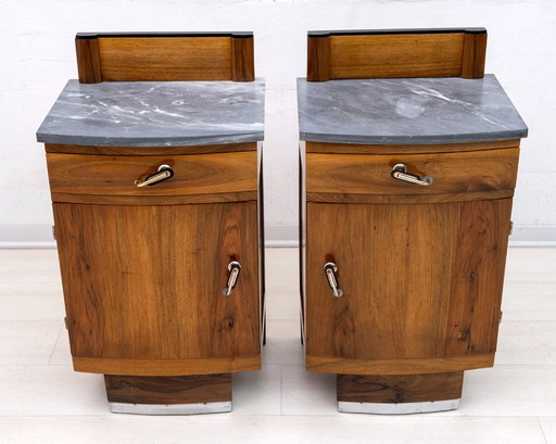 Pair of Art Dèco Italian Walnut and Grafite Gray Marble Bedside Tables, 1920s