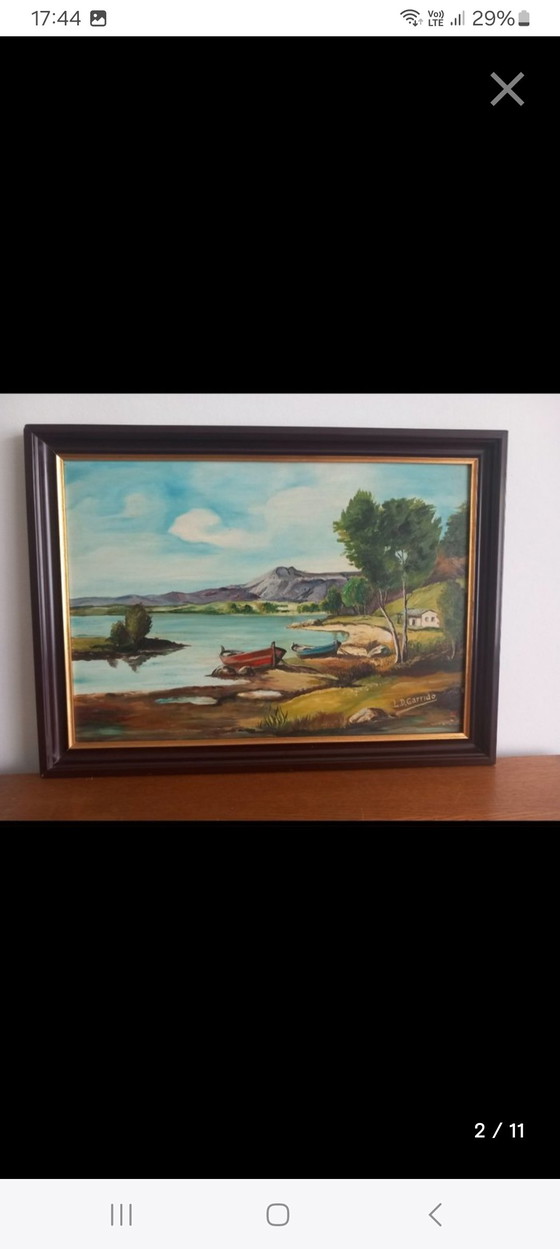 Image 1 of Huile sur panneau de Louis Désiré GARRIDO (1875-1949) - Paysage aux barques rouge et bleue