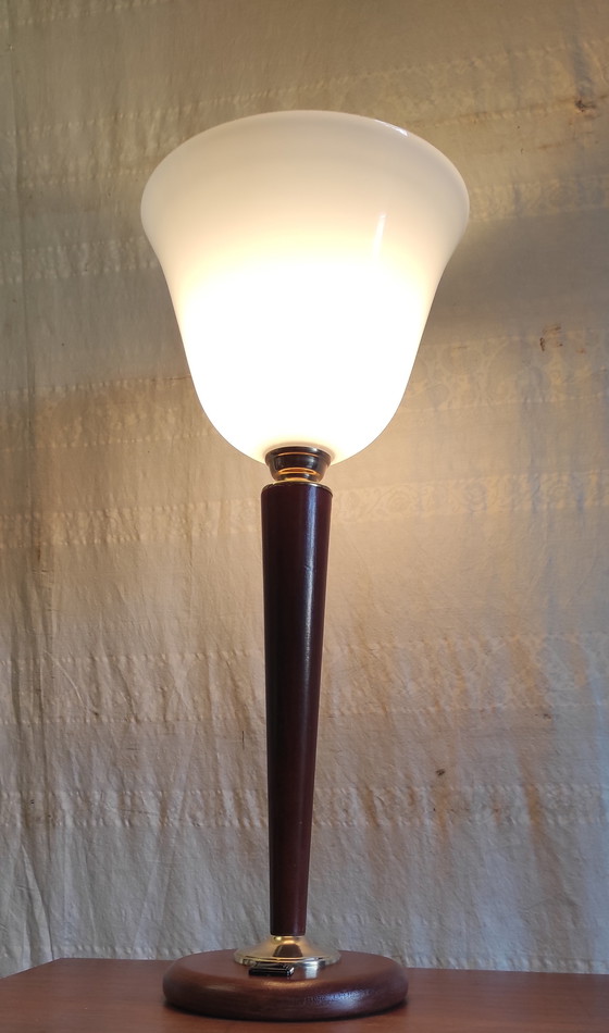 Image 1 of Mazda-style table lamp in wood and opaline glass - mid-20th century