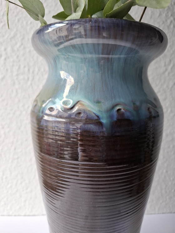 Image 1 of Vintage large ceramic vase / floor vase 38 cm – brown/turquoise flowing glaze