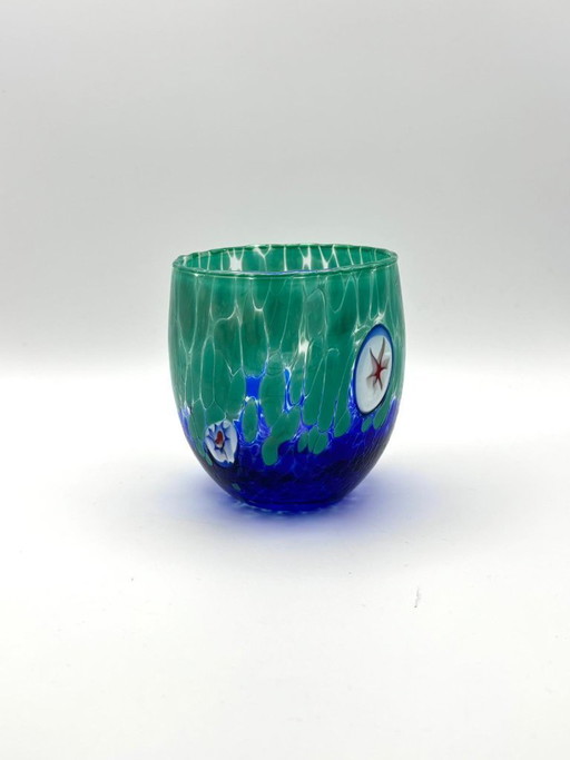 Set van 6 Venetiaanse glazen van geblazen glas met Murano-effect (murrine) in het glas verwerkt, handgemaakt in Italië.
