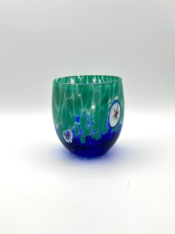 Image 1 of Set van 6 Venetiaanse glazen van geblazen glas met Murano-effect (murrine) in het glas verwerkt, handgemaakt in Italië.