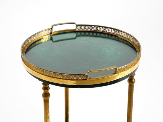 Image 1 of Round, small 1960s Aldo Tura serving or bar trolley in green goatskin leather | Made in Italy