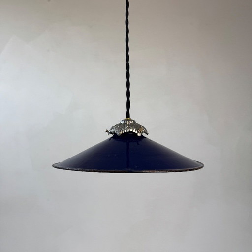 SUSPENSION INDUSTRIELLE ANCIENNE EMAILLEE BLEUE