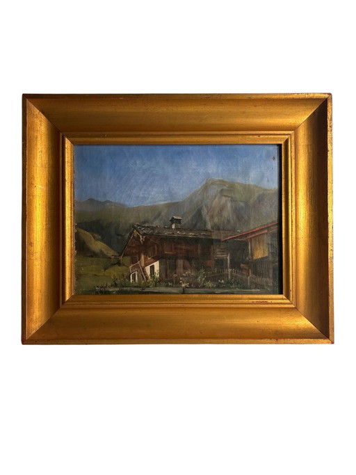 Pintura al óleo sobre cartón de una cabaña de montaña de los años 50