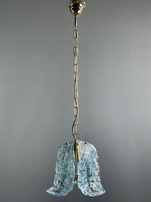 1990s Murano glass pendant light three leaves with blue glass shards. New old stock. Never used.