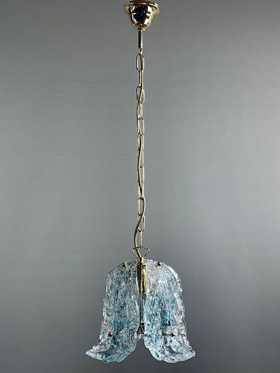 Image 1 of 1990s Murano glass pendant light three leaves with blue glass shards. New old stock. Never used.