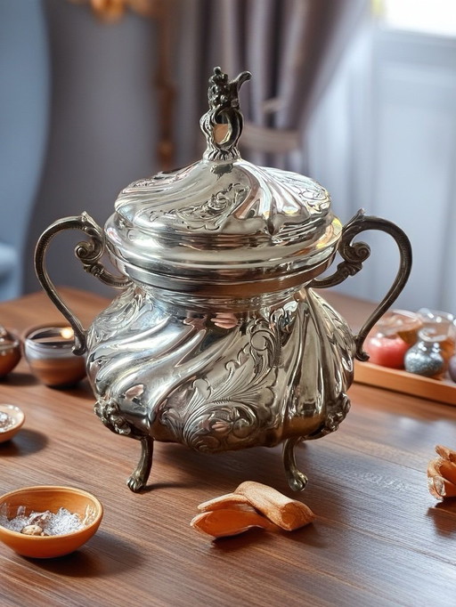 Antike Zuckerdose in 800 Silber im neoklassizistischen Stil