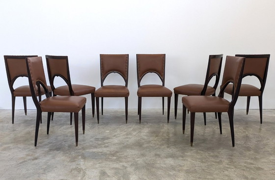 Image 1 of Chair - Wood, Leather - Set of Eight Art Deco Chairs