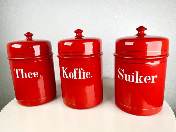 Image 1 of Vintage Red Kitchen Canisters for Tea, Sugar & Coffee  – Dutch Retro Enamel Kitchen Storage Tins – Old European Kitchen Storage 