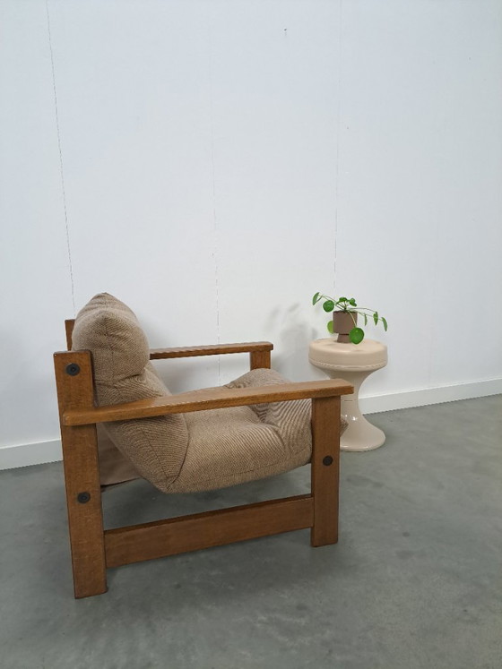Image 1 of Bruin grijze fauteuil met eikenhouten frame