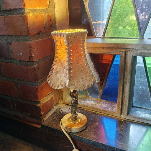 Vintage Tribal Figurine Table Lamp with Hand-Stitched Rawhide Shade and Onyx Base